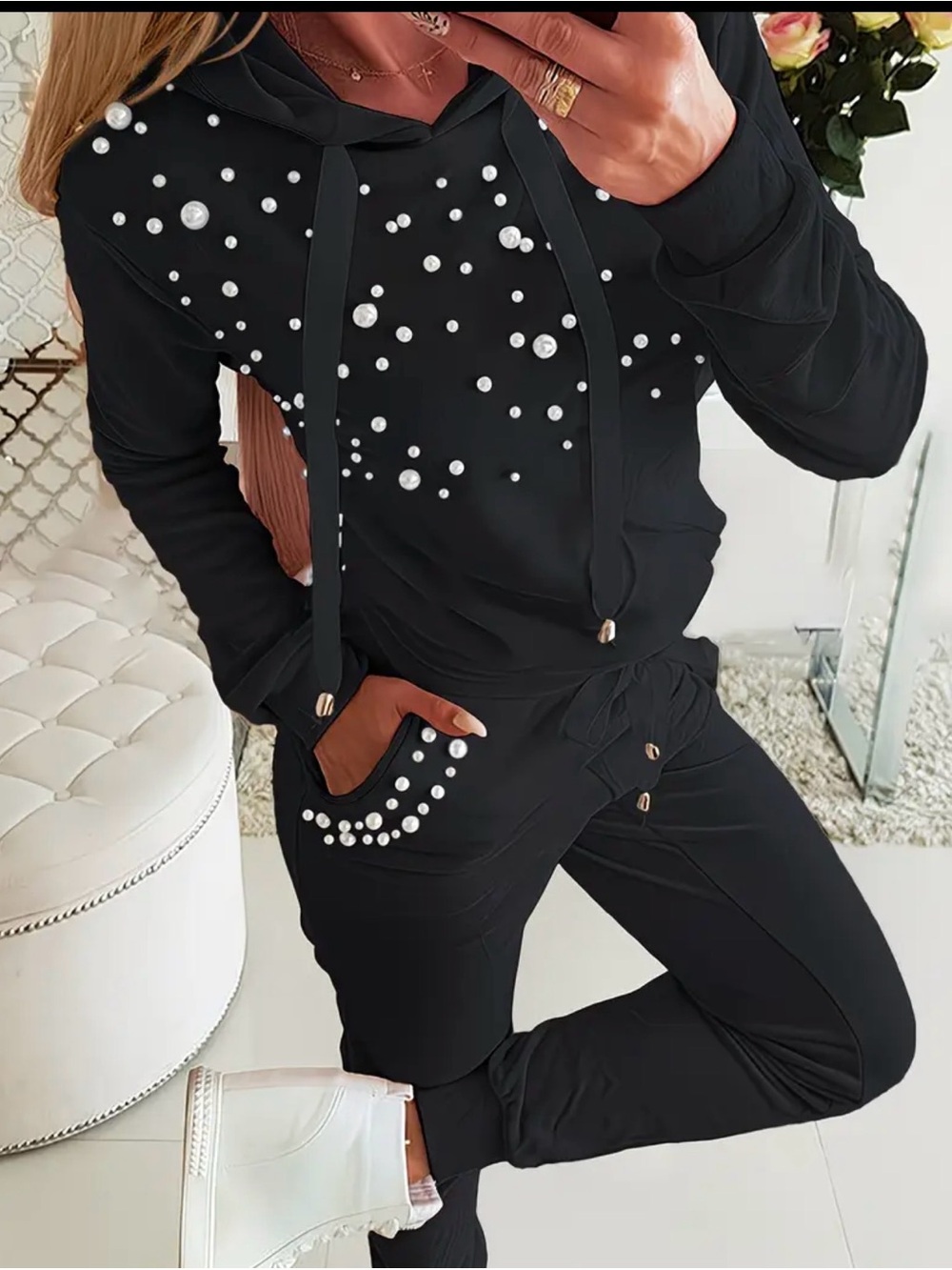 Pearl-Embellished Black Hoodie Jogger Set